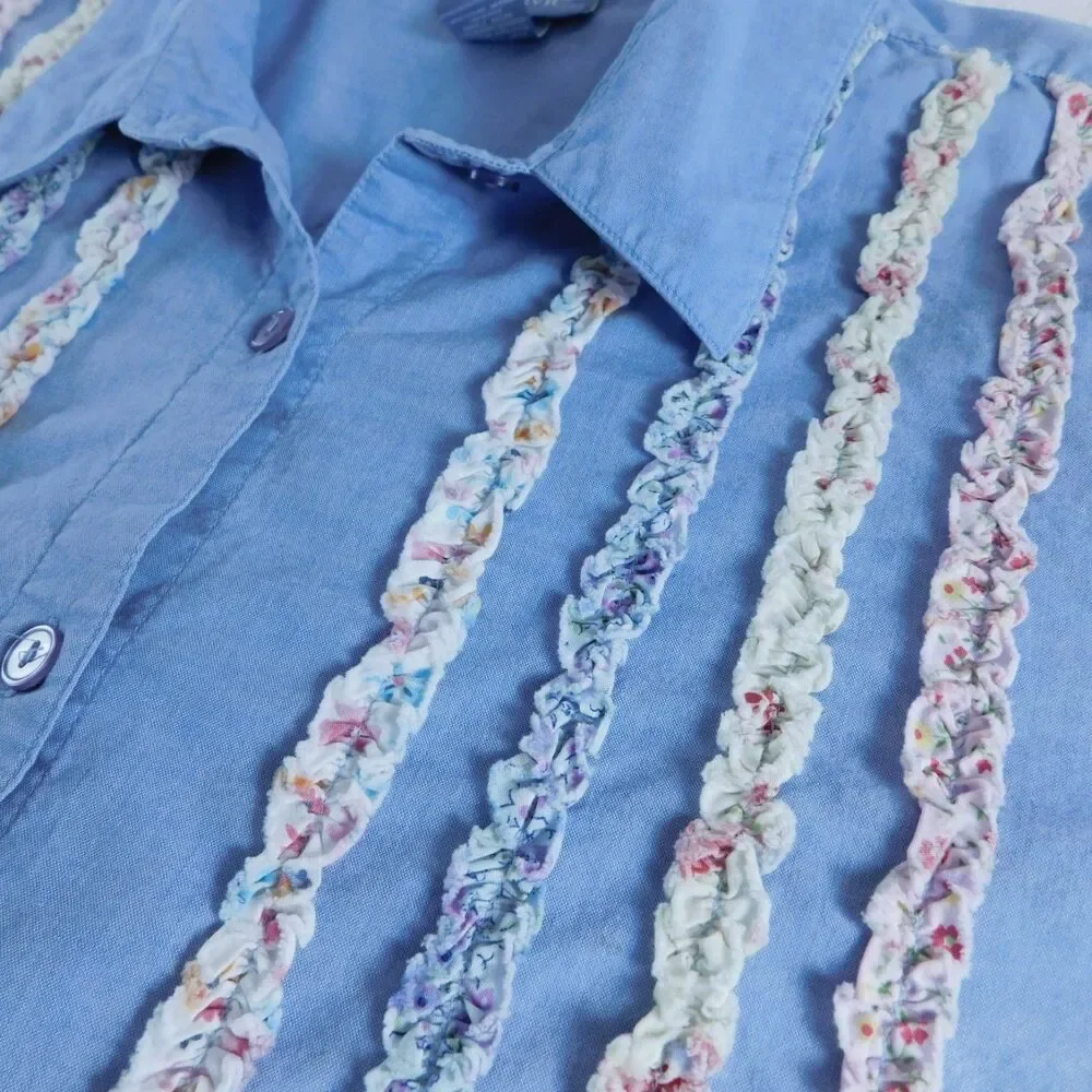 Liz & Me Blouse Shirt Button Up Blue Cotton Embellished Short Sleeve 3XL 26/28 ! - Picture 3 of 12